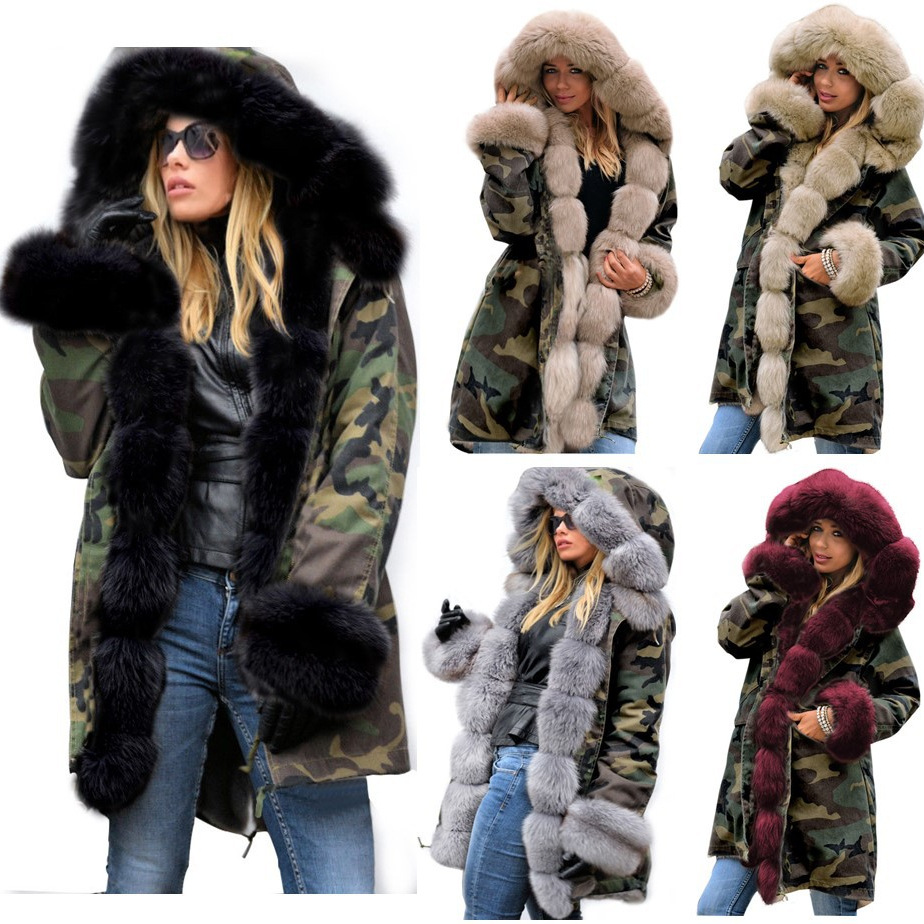 Damenbekleidung Neuer Slim Fit Warmer Baumwollmantel Damen Camouflage Jacke Langer Pelzkragen Kapuzenmantel Baumwollmantel_voghion.com