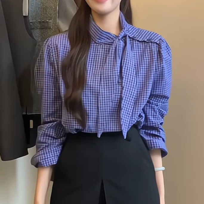 春季新款小众丁达尔设计感格子衬衫西裤套装阔腿裤长裤两件套新款|undefined