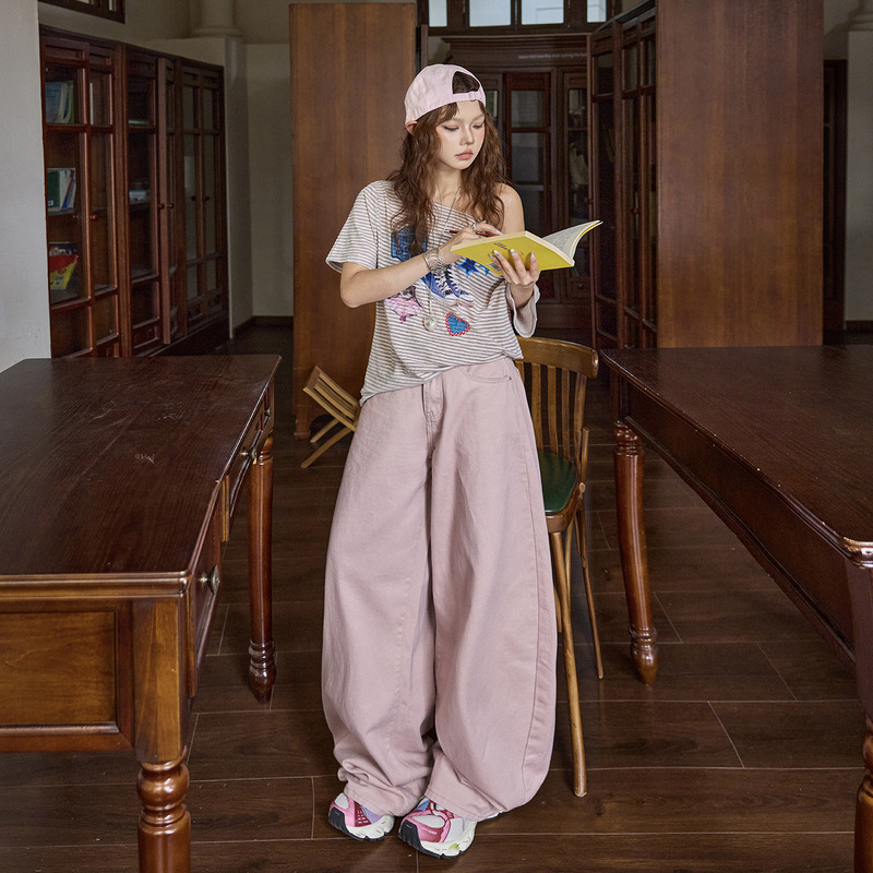 Childish Orange # Pink Lazy-Style Drapey Wide-Leg Jeans for Women, Loose Fit, Slimming, Casual, Versatile, Trendy.