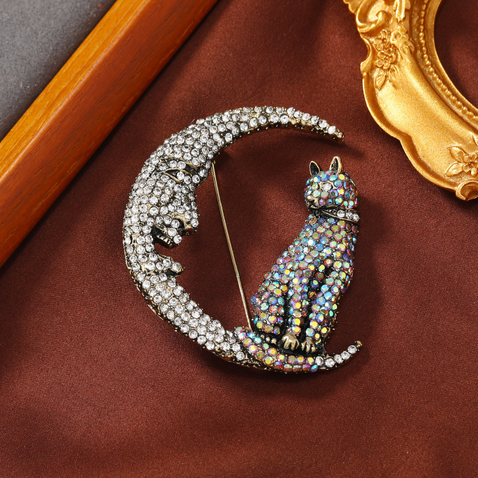 Inlay Design Shiny Style Shiny Pin Moon Cat Alloy Inlay Rhinestones Women's Brooches