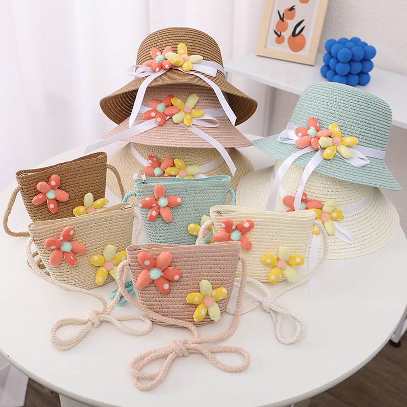 トレンディな花のリボン子供用麦わら帽子バッグ 2 点セット夏大きなつばの漁師の帽子小さな新鮮なベビー日よけ帽子|undefined