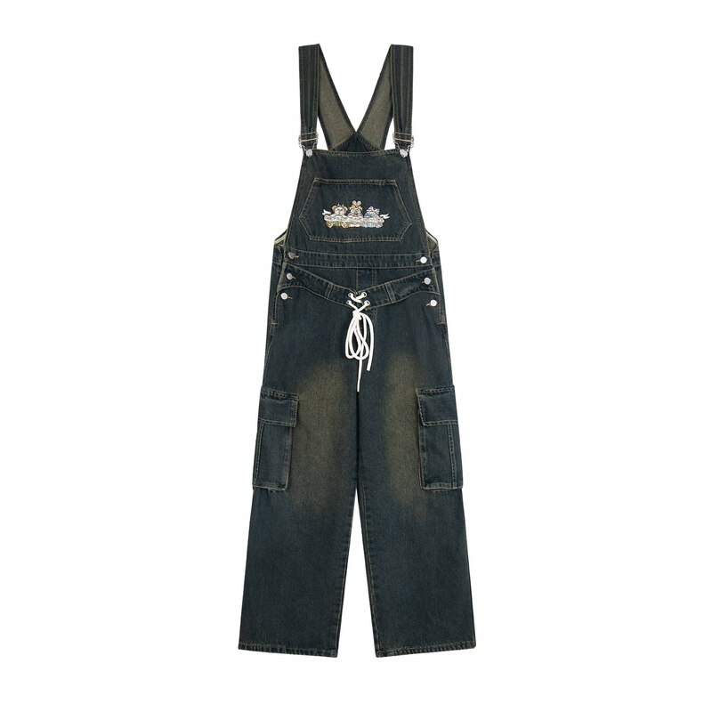 American Style Vintage Fun Cartoon Embroidered Washed Denim Strap Pants for Men and Women Bf Rope Personalized Niche Conjoined Pants