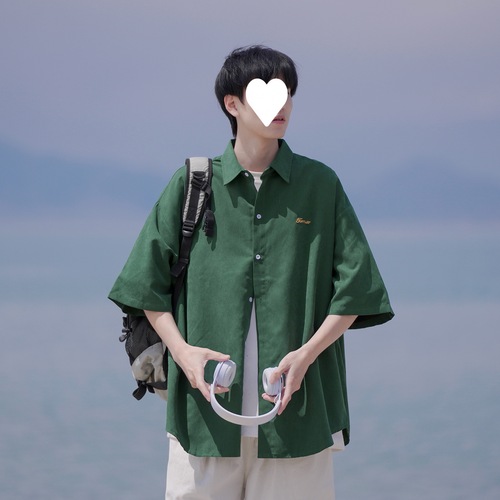 Vintage American-style single-breasted short-sleeve shirt for men and women, summer minimalist street design, loose BF couple casual shirt