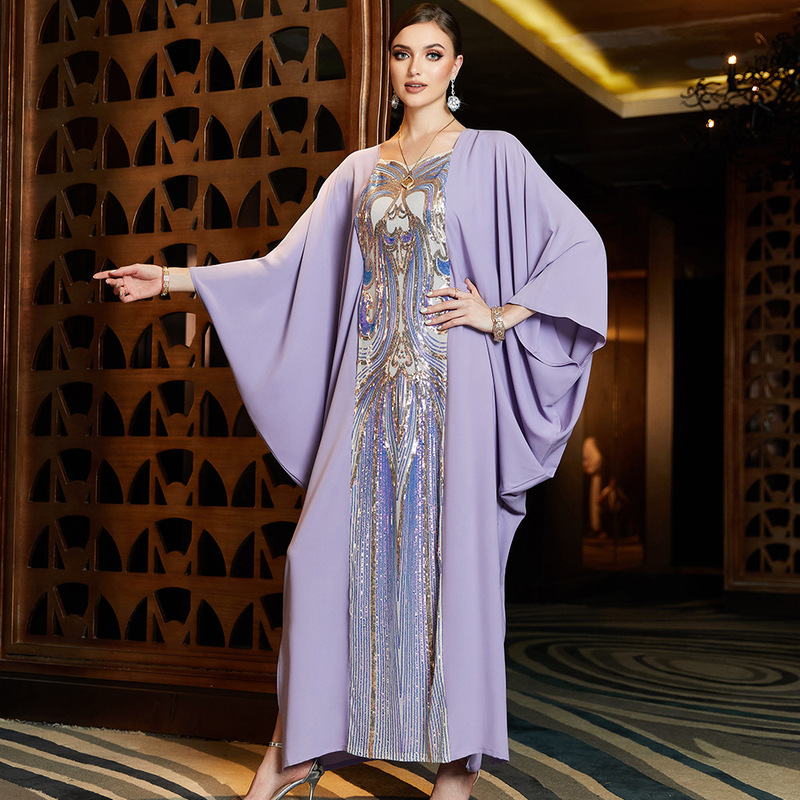 Purple Iridescent Sequin Embroidered Cape Batwing Shirt in Stock Abaya Robe