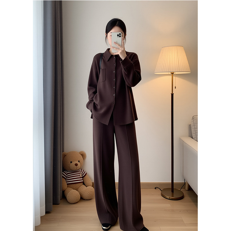 European Fashion Suit for Women 2025 Autumn and Winter Elegant Slim Loose Brown Top Wide Leg Pants Two-Piece Set