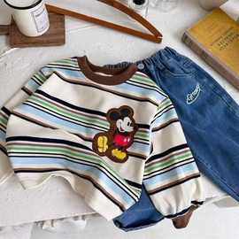 春秋季新款长袖t卡通洋气T恤男女中小儿童宝宝条纹贴布卫衣打底衫