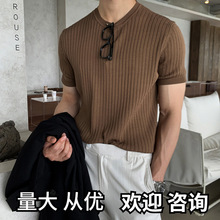 夏季薄款针织衫短袖t恤男士潮牌韩版高级感圆领修身弹力型男上衣