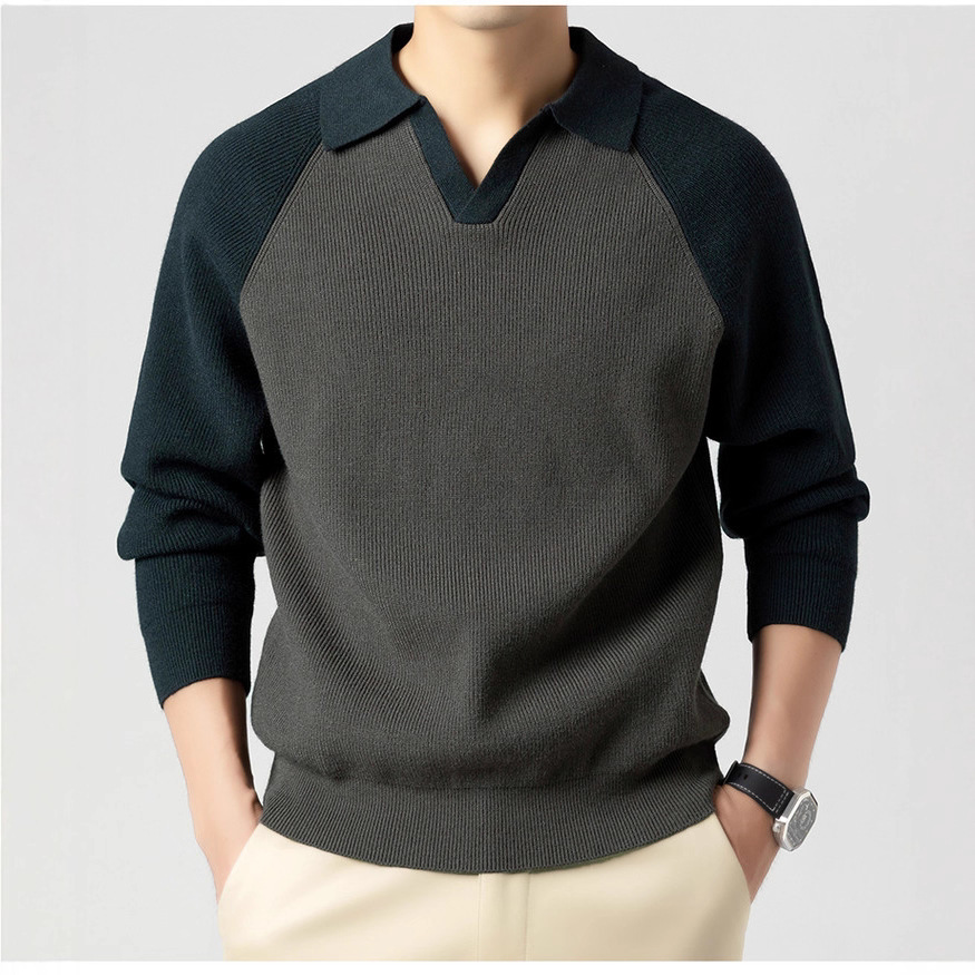 Primavera y otoño de hombre cuello polo con media cremallera suéter camiseta de punto Casual chaqueta de color contraste con solapa camiseta de punto de hombre