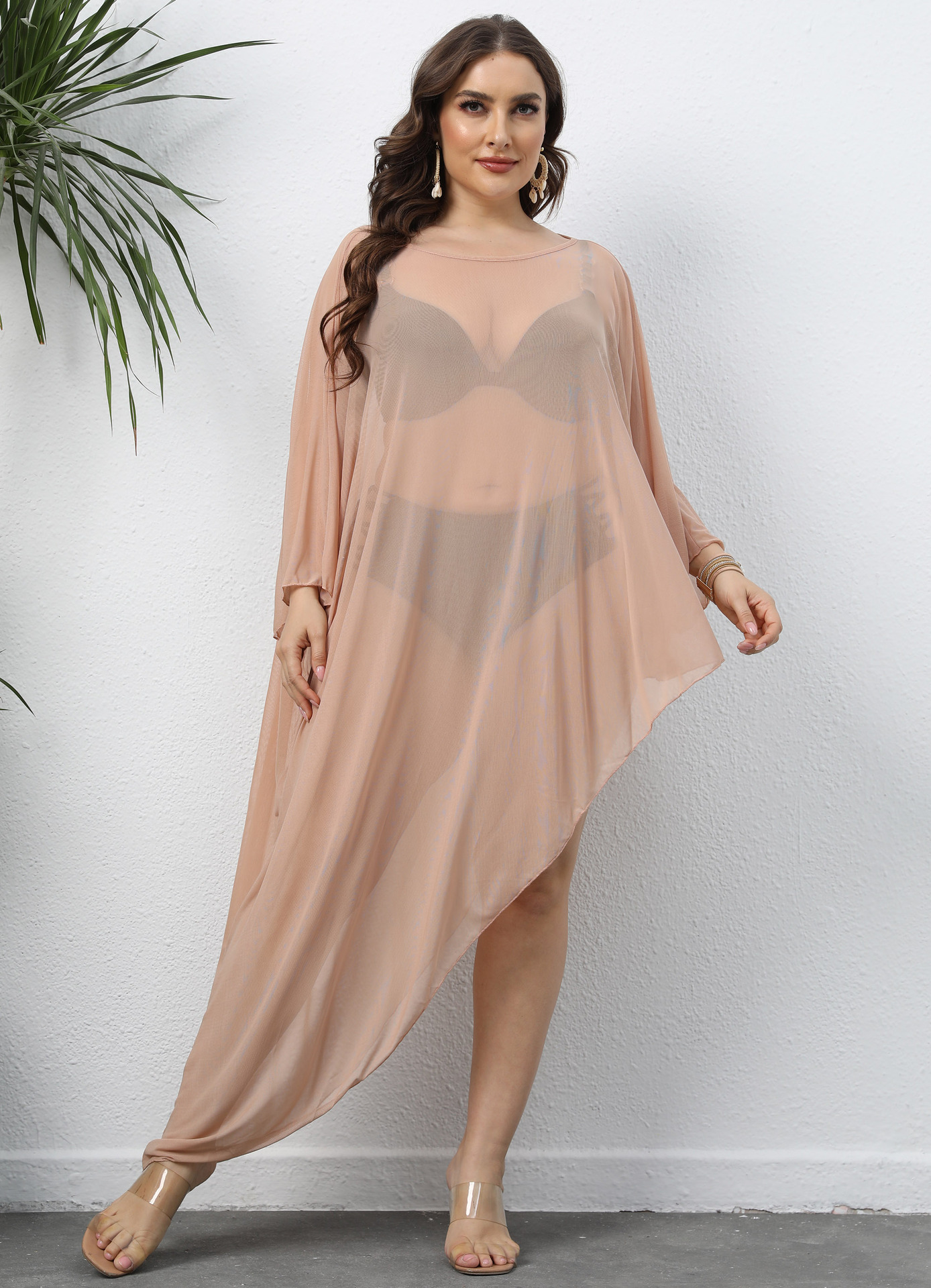 Holiday Occasion Round Neck Neckline Sexy Solid Color Net Yarn See-through 1 Piece Plus Size Swimwear