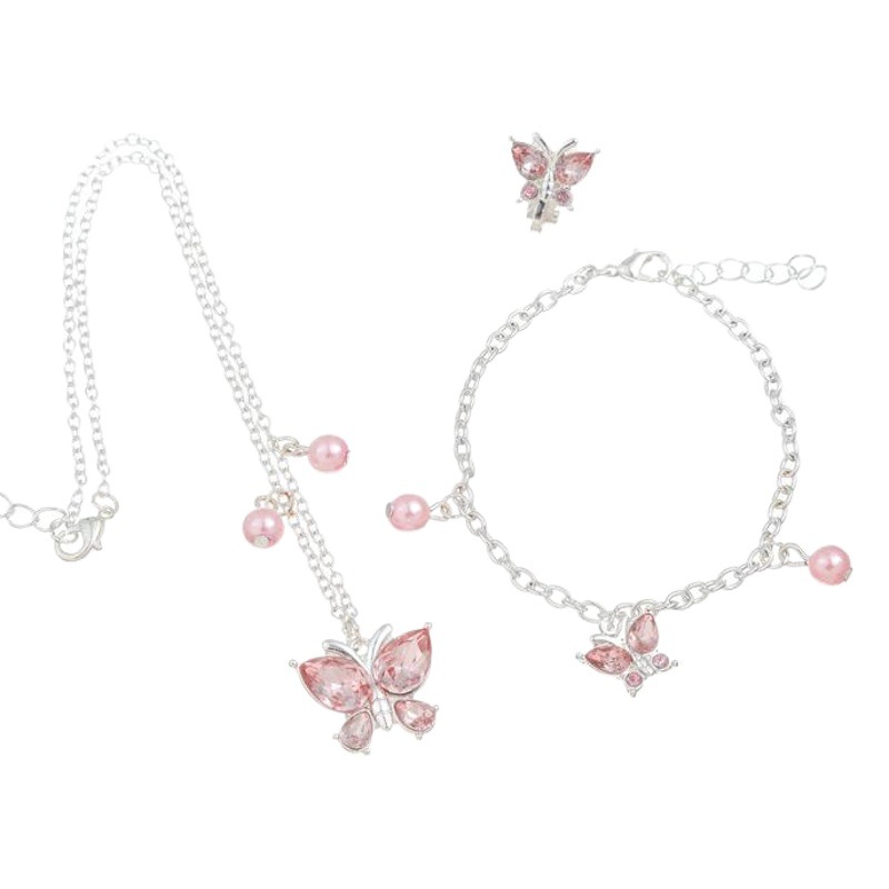 Cross-Border Cute Butterfly Jewelry Set Pink Diamond Pink Pearl Children's Metal Style Yiwu Butterfly Elements