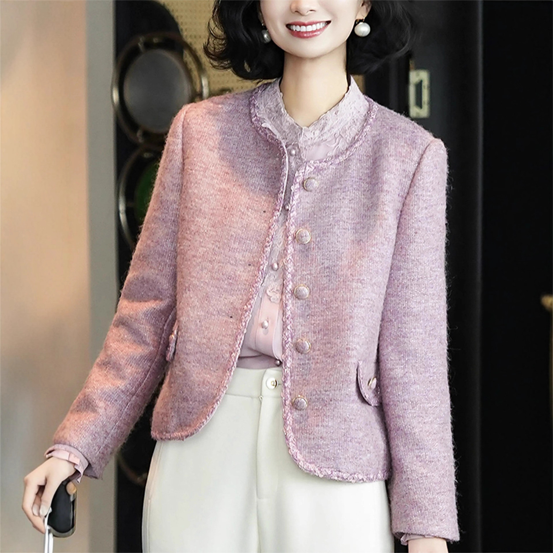 Tweed Style Soft Waxy Pink Purple Tweed Jacket for Women Autumn and Winter 2025 New High-End Slimming Look Short Top