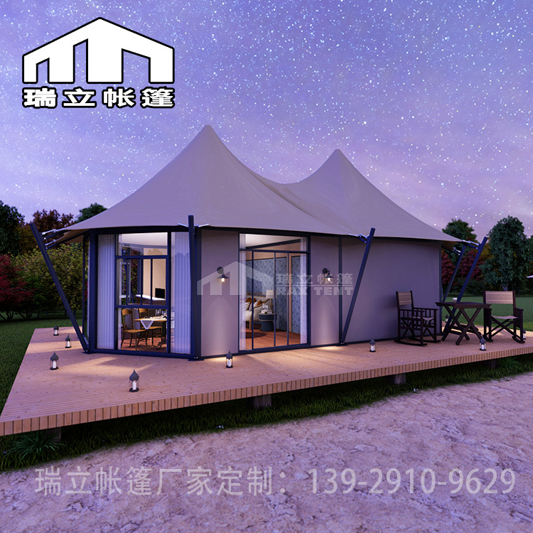 户外豪华星空帐篷酒店 尖顶双峰酒店帐篷实体墙体+中空钢化玻璃屋