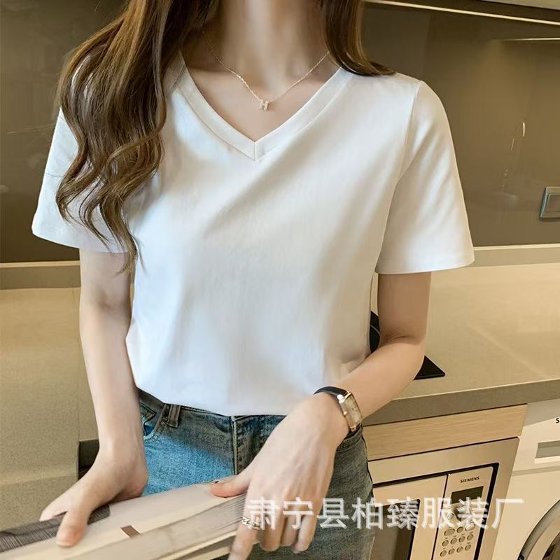 Pure Cotton V Neck Short-Sleeved T-Shirt for Women, 2025 Spring and Summer New Style 220g Right Shoulder Bottoming White Half-Sleeved Top