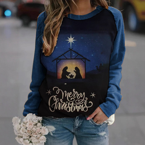 Christmas tree printed European and American women's wear T-shirt slim soft women's round collar pullover long-sleeved top
