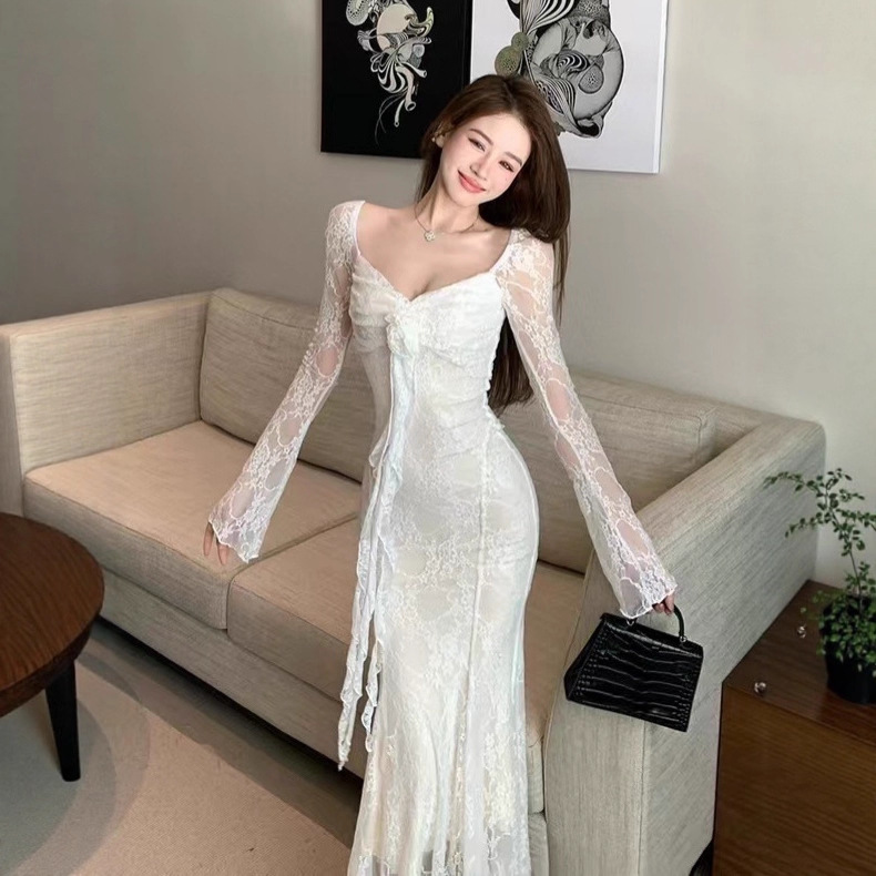 French-Style Three-Dimensional Floral Ribbon Long-Sleeve Dress for Women, Autumn Pure Desire Lace Waist-Slimming Mermaid Long Dress