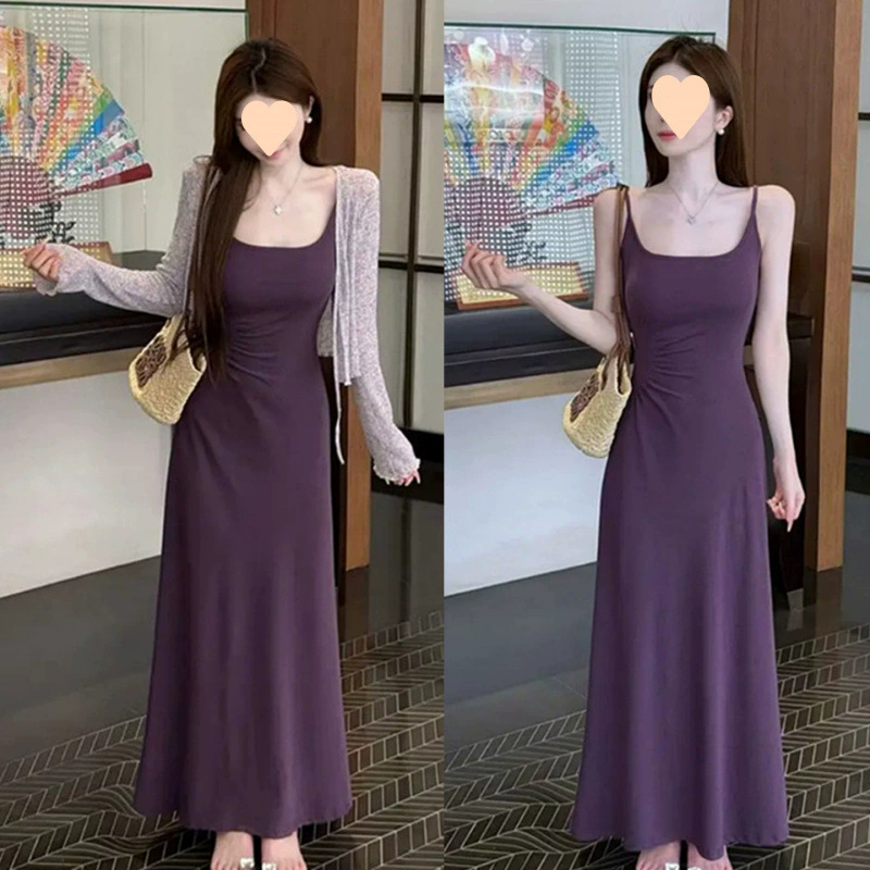 Очаровательное и элегантное высококачественное фиолетовое платье с квадратным вырезом на талии, утягивающее платье на подтяжках, вязаный кардиган из ледяного шелка, комплект из двух предметов для женщин, лето