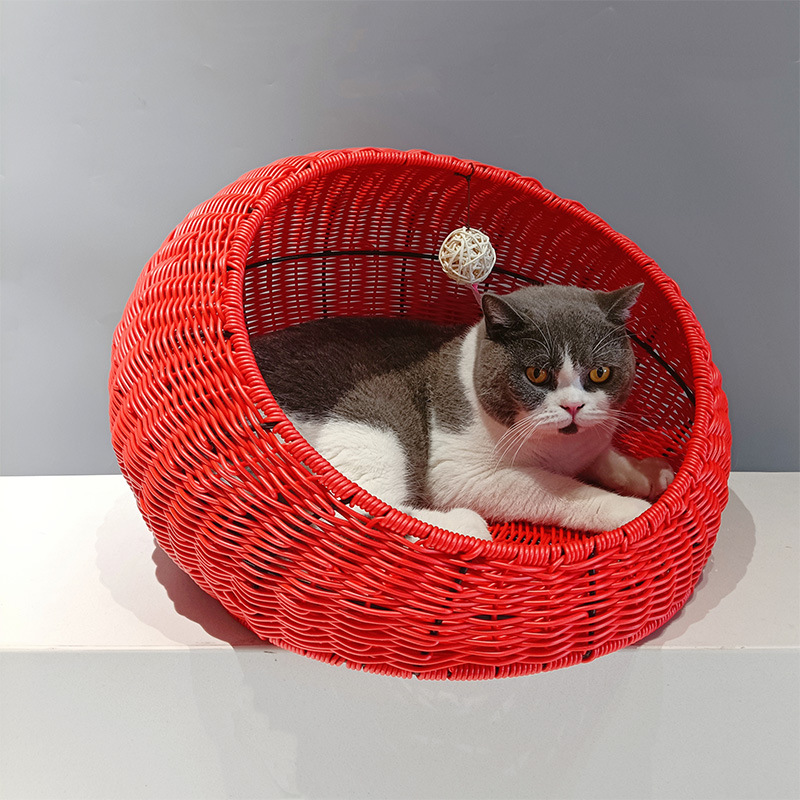 Hecho a mano ratán-como nido de gato cesta colgante jaula de gato al por mayor semi-cerrado cálido mascota Mat perrera gato casa Villa