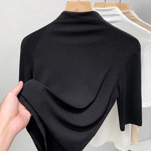 Half Turtleneck Mid-Sleeve T-Shirt for Women, Spring and Summer 2025 New Black Threaded Style Tight Knitted Bottoming Top