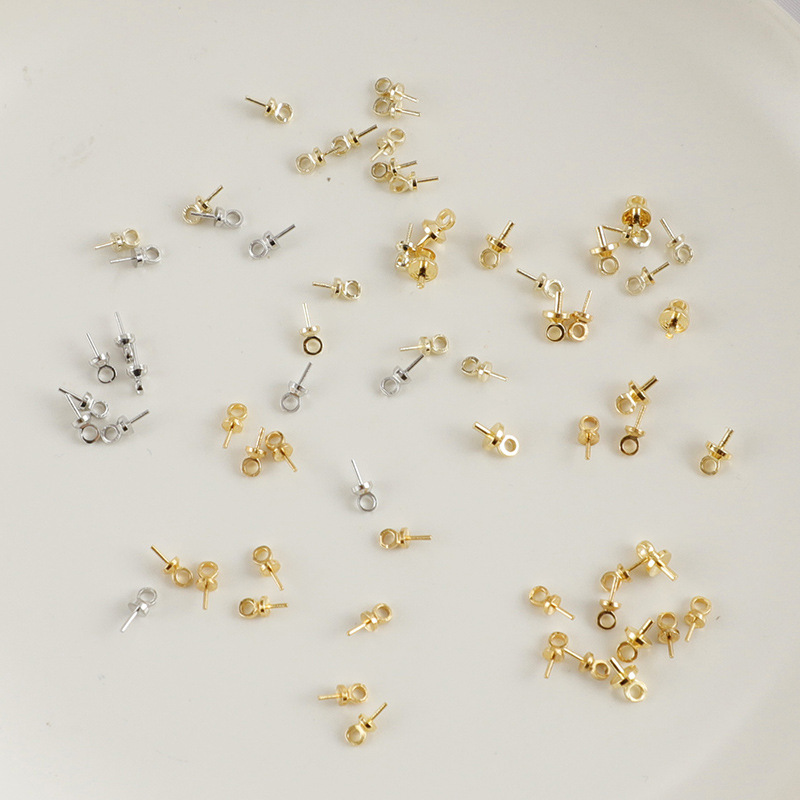批发保色铜吊针羊眼钉针吊坠配件18K珍珠羊角钉珍珠托DIY饰品配件