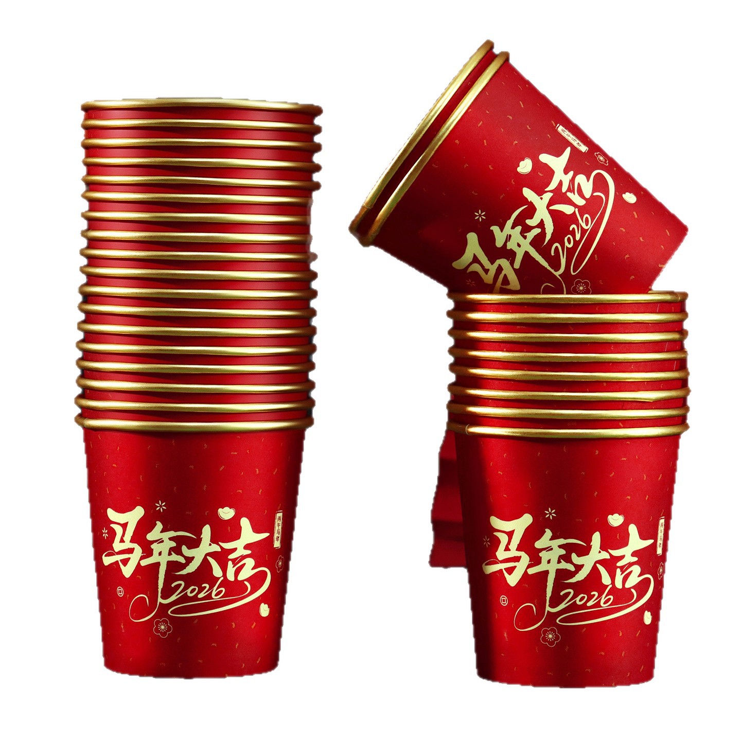 2026 tazas de papel de oro de lámina de oro para el hogar tazas de agua rojas espesar festivas nuevas tazas desechables de Año Nuevo Festival de Primavera