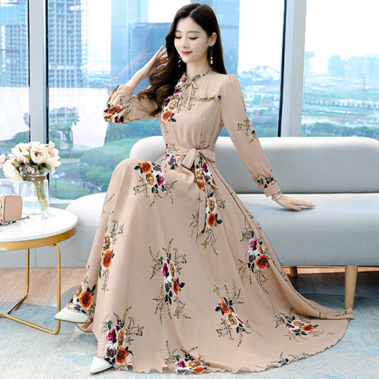 Fashion Printed Dress Women's Spring and Autumn New Long-sleeved Waist Slimming Long Elegant A- line Dress Fashion Printed Dress Women's Spring and Autumn New Long-sleeved Waist Slimming Long Elegant A- line Dress