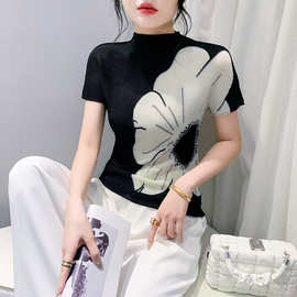 工厂现货3D印花上衣女2025夏季时尚设计感大花朵修身显瘦短袖T恤