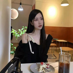 赵美延同款韩国小众Glowny露肩系带不对称针织衫长袖毛衣上衣女