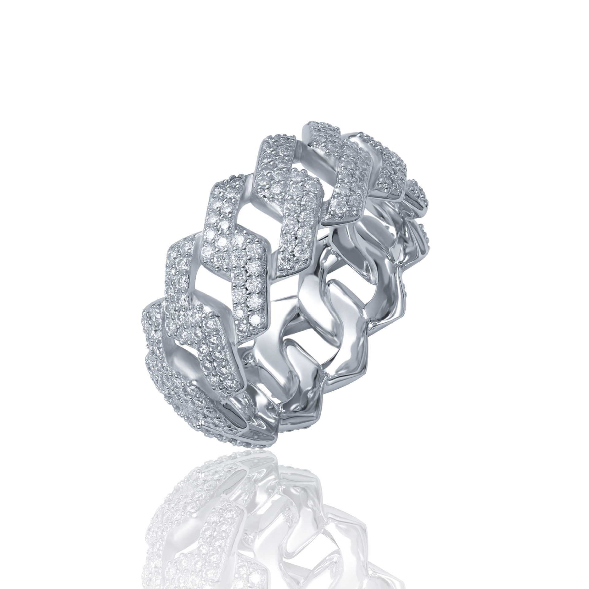 Vintage Sterling Silver Cuban Chain Ring With Moissanite For Men_voghion.com
