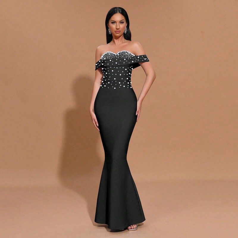 Sexy off-shoulder shiny diamond and pearl mermaid long bandage dress for Valentine's Day, wedding, bridesmaid dress Sexy off-shoulder shiny diamond and pearl mermaid long bandage dress for Valentine's Day, wedding, bridesmaid dress