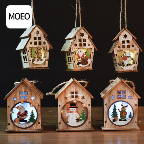 Christmas Gift Wooden Glowing Cottage Christmas Tree Pendant Children's Handmade DIY Gift Window Display Decoration