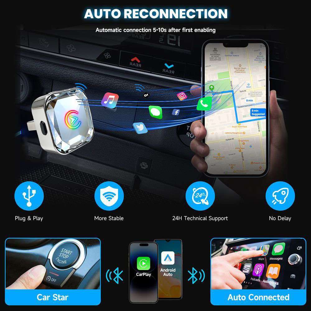 Button Carplay Box Android Auto Wired to Wireless Adapter Android Auto Car Wired to Wireless Converter