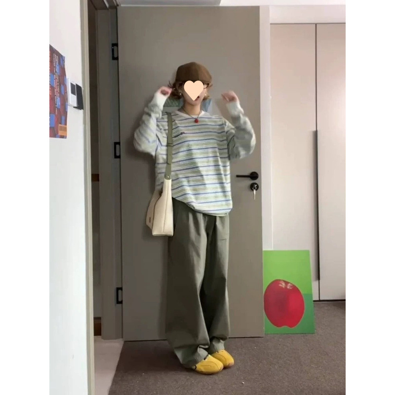 条纹正肩长袖恤女春秋季设计感小众打底衫内搭体恤宽松上衣外穿|undefined