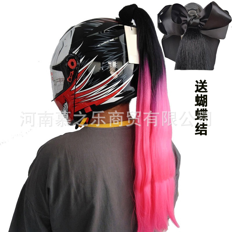 Auto Parts and Accessories, Motuoche Helmet Braids Motorcycle - black-peach-red-ponytail-with-bow