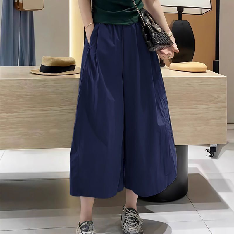 Summer new large size loose wide-leg pants for women, thin and slimming casual cropped pants, solid color versatile over-the-knee quick-dry pants Summer new large size loose wide-leg pants for women, thin and slimming casual cropped pants, solid color versatile over-the-knee quick-dry pants