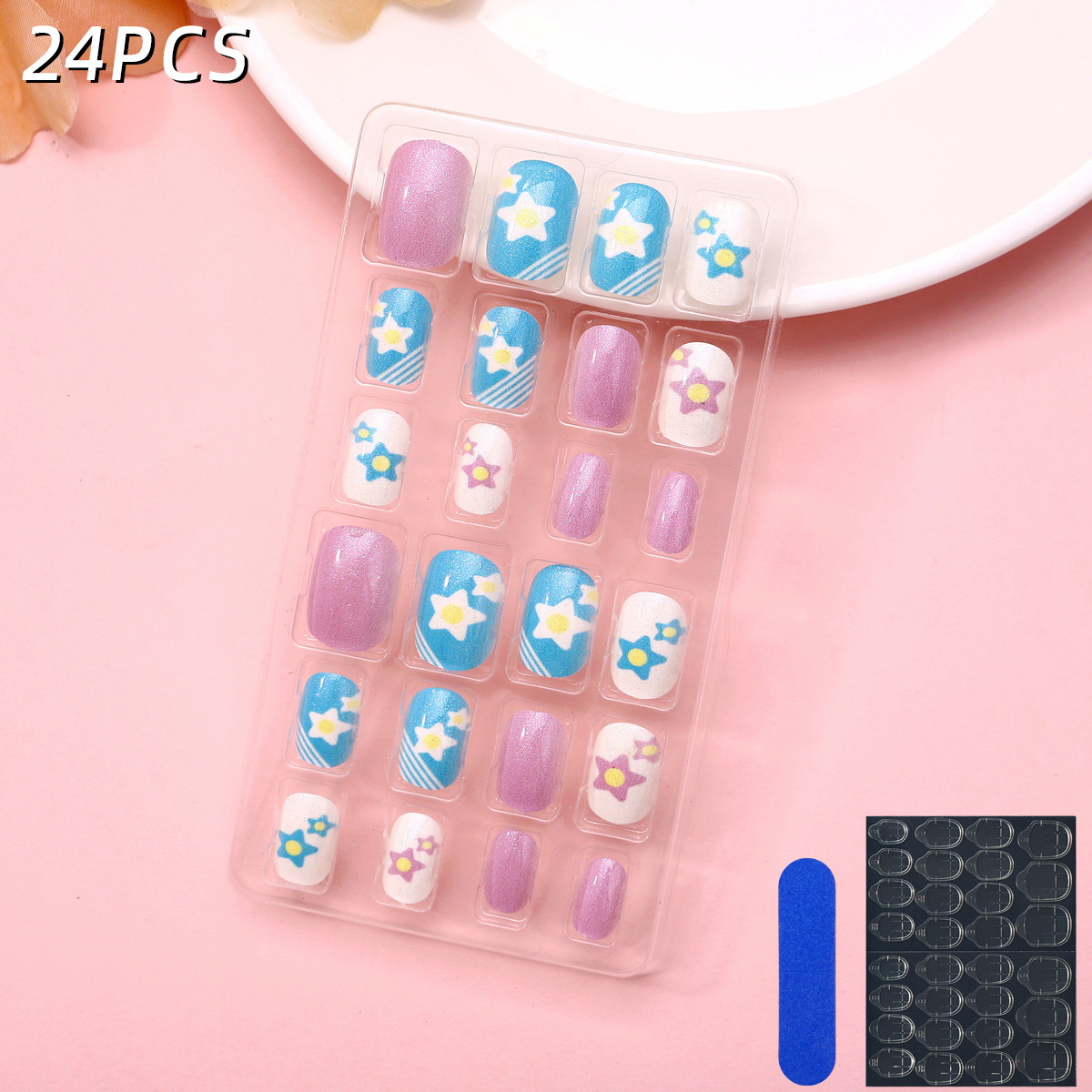 Juego de 24 piezas de uñas postizas para niños con diseño de dibujos animados, desmontables con adhesivo y exquisito diseño.