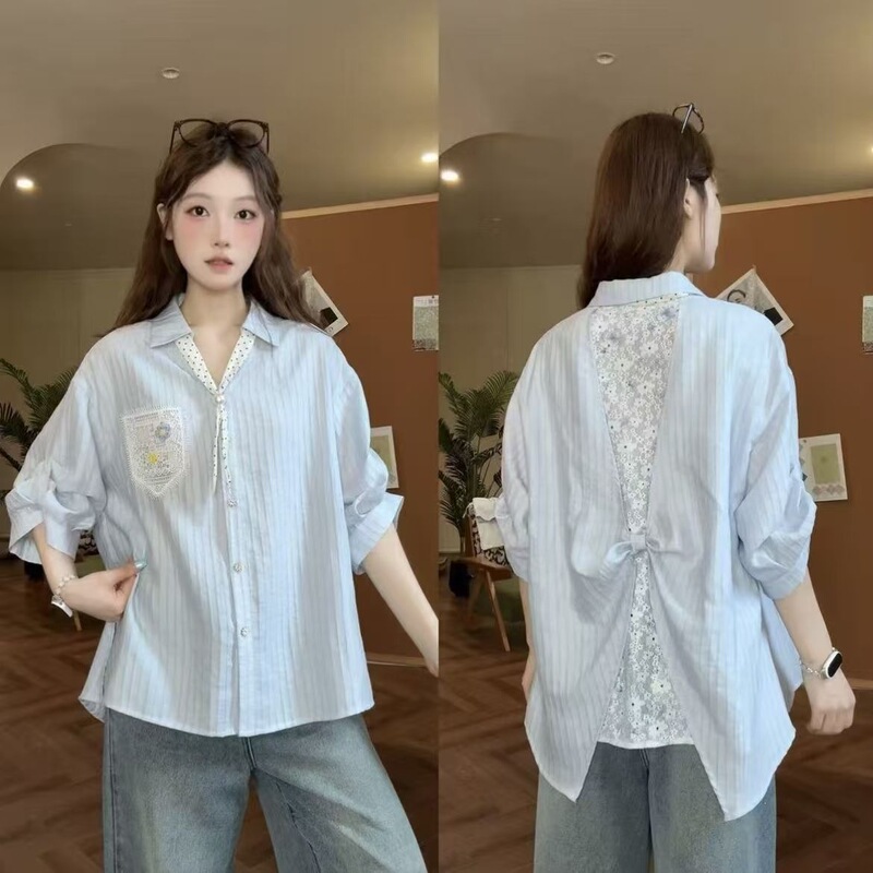 Sleepless Night Round Neck Top Summer Design Lace Patchwork Versatile Fresh Shirt 21682 Off-Shoulder High Elasticity