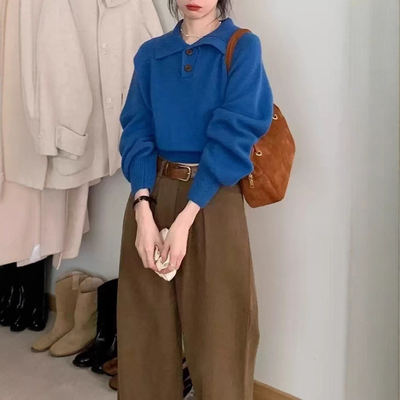 跨境外贸新款纯色polo领简约宽松休闲套头毛衣女基础款针织套衫|undefined