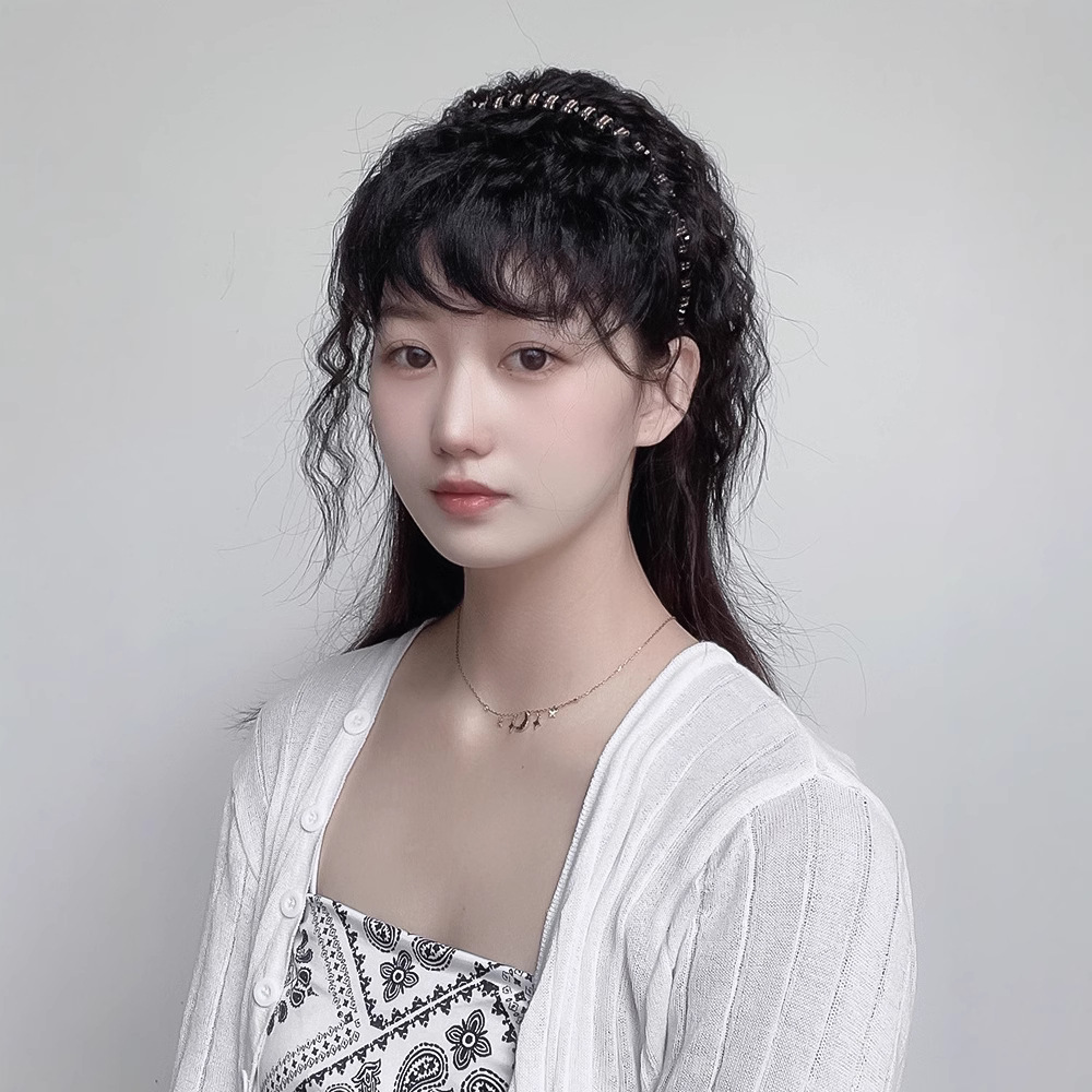 假发水钻发箍一体玉米须头顶遮盖白发增发量真发辫子刘海补发块