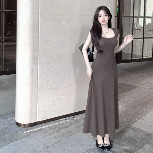 New Korean a-line dress, slim, slimming and square-collar, blue dress, women's summer French-style short-sleeved long dress