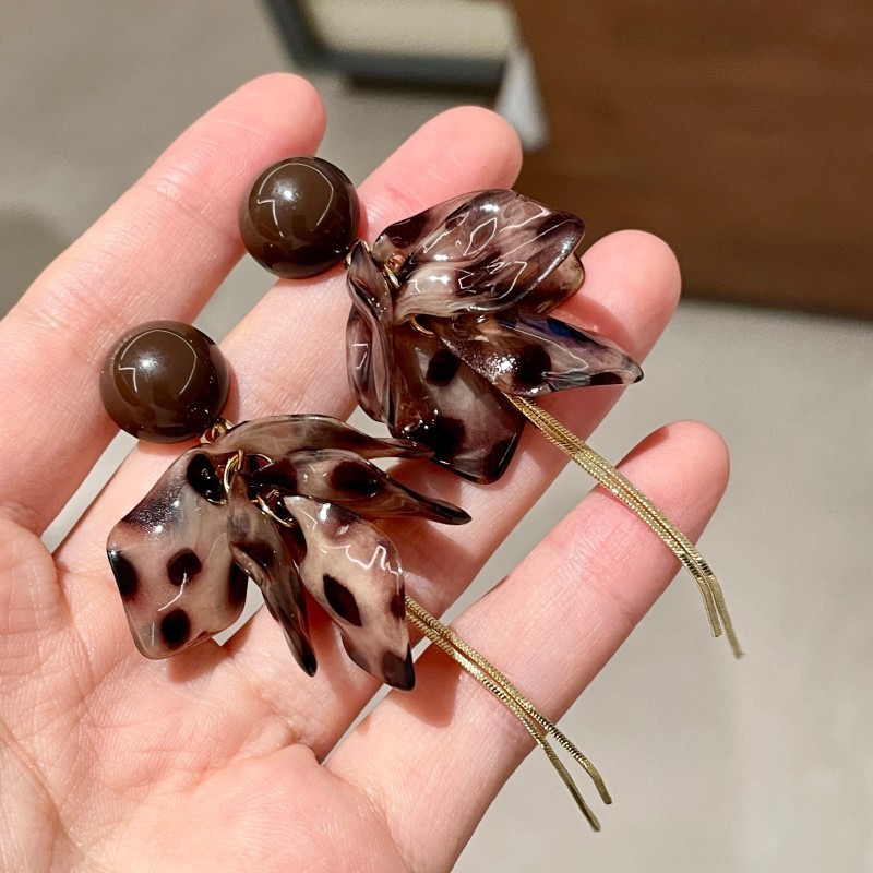 钟楚曦同款豹纹树叶花朵流苏耳环小众设计秋冬新款显脸瘦耳坠耳钉|undefined