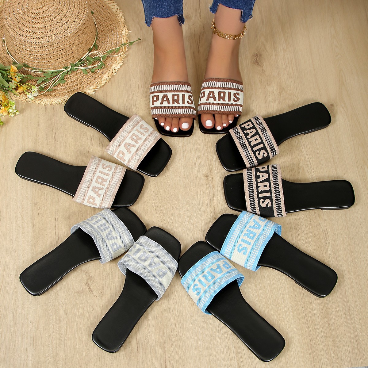 Plus Size Women's Flat Slippers, Casual Square Toe Slip On With Straps, Perfect For Wearing Outside._vogvips.com