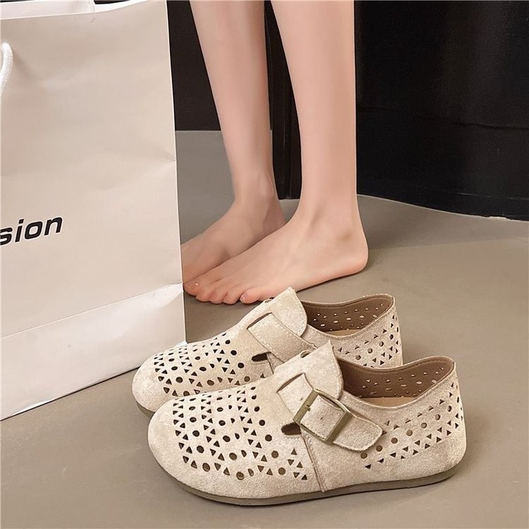 Vintage hueco botones de verano para mujeres 2026 transpirables zapatos perezosos de suela suave con una sola zapata plana