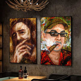 雪茄吧挂画世界名人丘吉尔抽烟复古油画美式酒吧清吧烟酒行装饰画