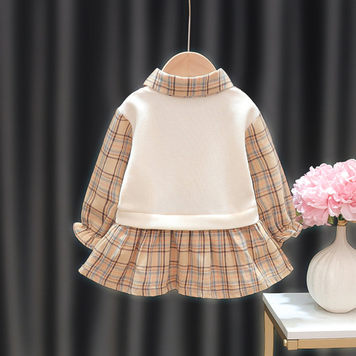 A girl's spring and autumn long-sleeved grid dress, dropshipping, for little babies, children's college-style dress, princess two-piece style