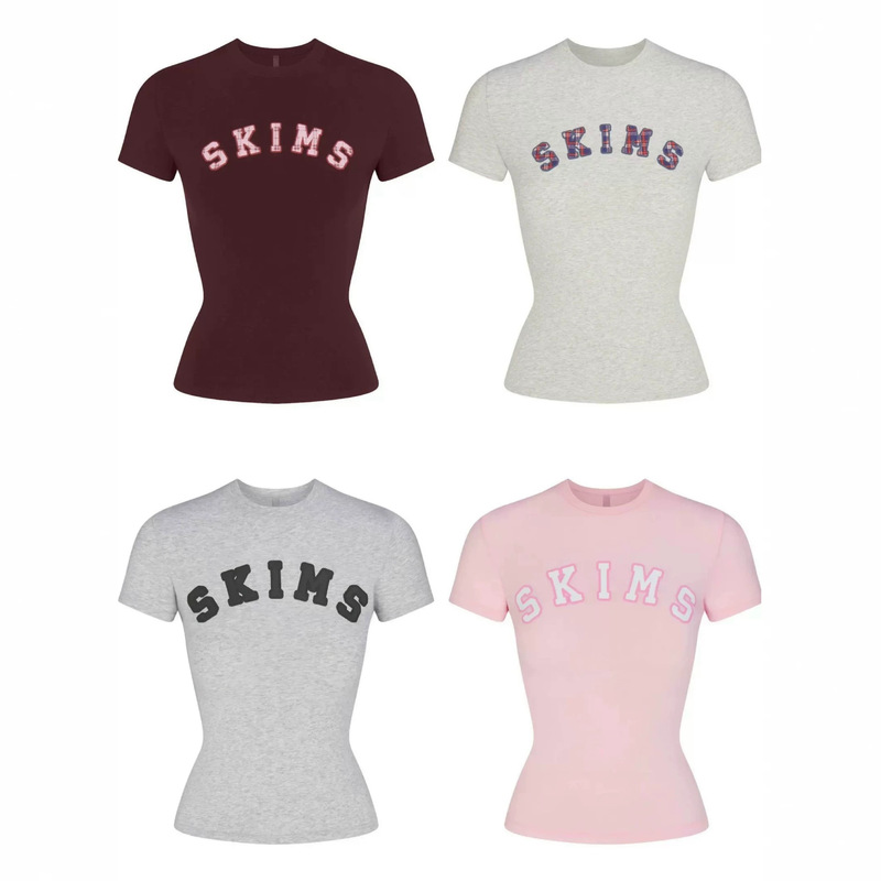 Skims American college style letter print T-shirt, waist-cinching design, round neck, stretchy, slim-fit, slimming short-sleeve top