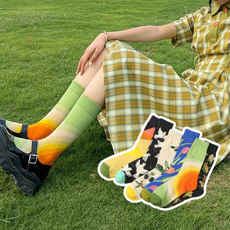 Trendy Brand ins Style Vintage Peace Pigeon Cartoon Men and Women Long Socks Trendy Couple Street Skateboard Sports Mid-length Socks
