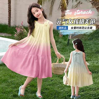 女童夏季渐变挂脖连衣裙2026新款法式雪纺无袖A字长裙阳光公主裙
