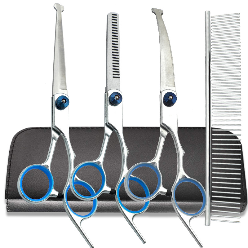 Directo de fábrica tijeras de belleza para mascotas conjunto profesional de tijeras de corte de pelo de perro tijeras curvas Peluche tijeras de peluquería dientes traje