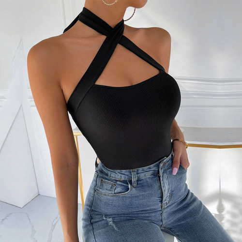 European and American new women's clothing Amazon Internet celebrity style solid color halter cross vest knitted sexy slim top for women