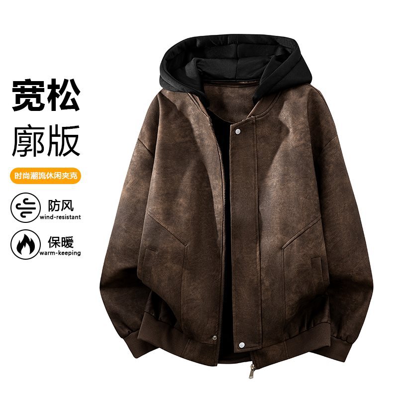 [Original Design] 2026 Spring/Autumn New American Style Faux Two-Piece Hooded PU Leather Baseball Jacket for Men and Women